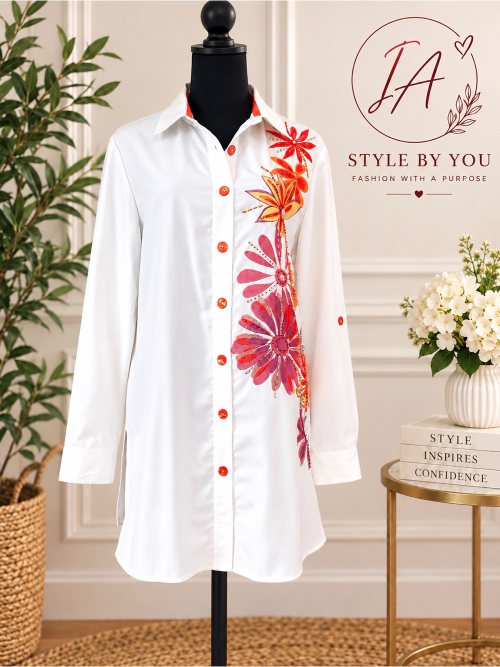 Berek White Floral Embroidered Sequin Button Shirt Tunic size M